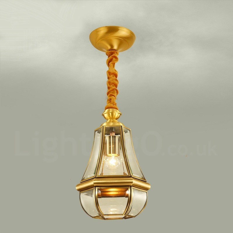 Lustre suspendu de luxe rustique rétro à 1 lumière en laiton avec abat-jour en verre