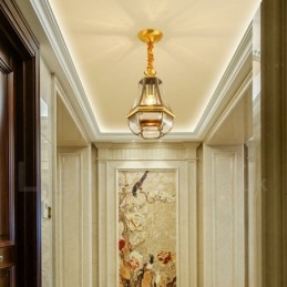Lustre suspendu de luxe rustique rétro à 1 lumière en laiton avec abat-jour en verre