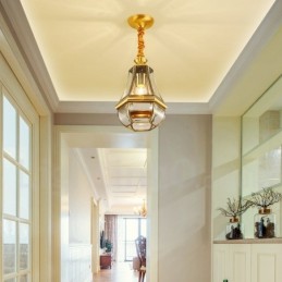 Lustre suspendu de luxe rustique rétro à 1 lumière en laiton avec abat-jour en verre