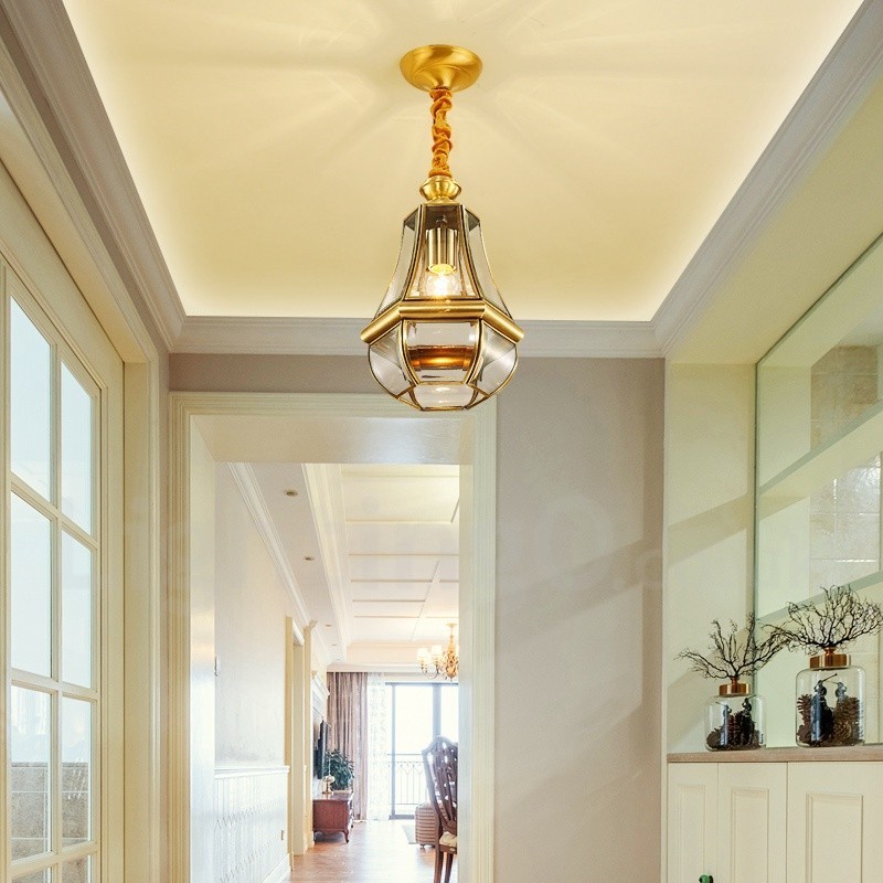 Lustre suspendu de luxe rustique rétro à 1 lumière en laiton avec abat-jour en verre