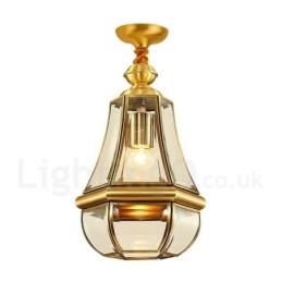 Lustre suspendu de luxe rustique rétro à 1 lumière en laiton avec abat-jour en verre
