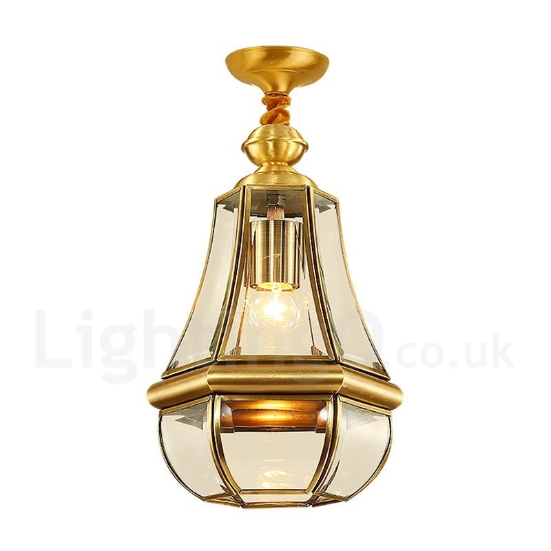 Lustre suspendu de luxe rustique rétro à 1 lumière en laiton avec abat-jour en verre