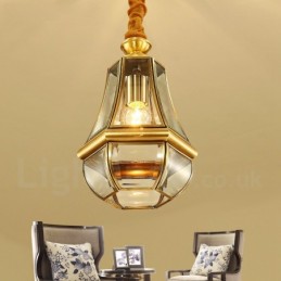 Lustre suspendu de luxe rustique rétro à 1 lumière en laiton avec abat-jour en verre