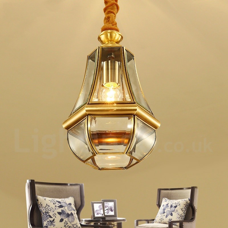 Lustre suspendu de luxe rustique rétro à 1 lumière en laiton avec abat-jour en verre