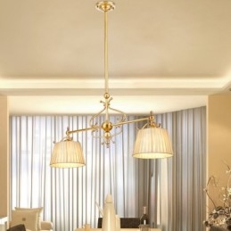 Lustre suspendu de luxe rustique rétro à 2 lumières en laiton avec abat-jour en tissu
