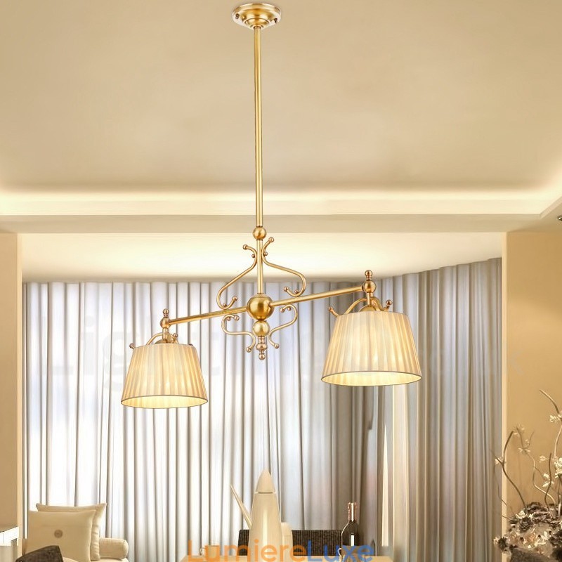 Lustre suspendu de luxe rustique rétro à 2 lumières en laiton avec abat-jour en tissu