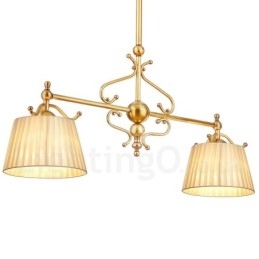 Lustre suspendu de luxe rustique rétro à 2 lumières en laiton avec abat-jour en tissu