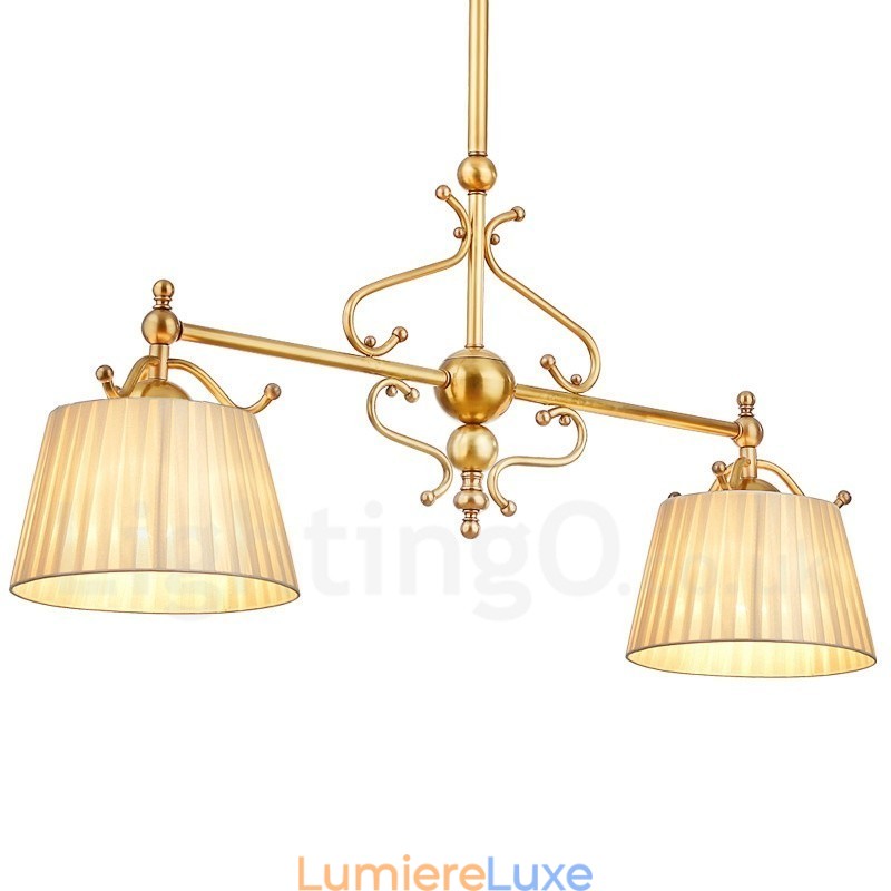Lustre suspendu de luxe rustique rétro à 2 lumières en laiton avec abat-jour en tissu