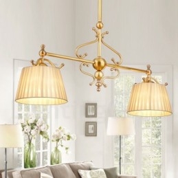 Lustre suspendu de luxe rustique rétro à 2 lumières en laiton avec abat-jour en tissu