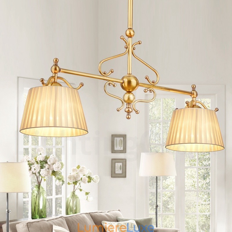Lustre suspendu de luxe rustique rétro à 2 lumières en laiton avec abat-jour en tissu