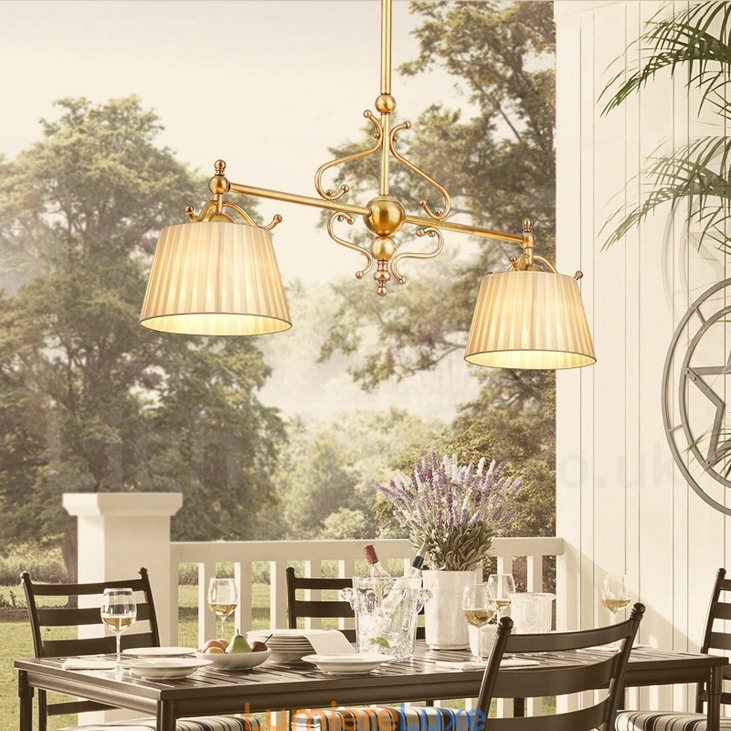 Lustre suspendu de luxe rustique rétro à 2 lumières en laiton avec abat-jour en tissu