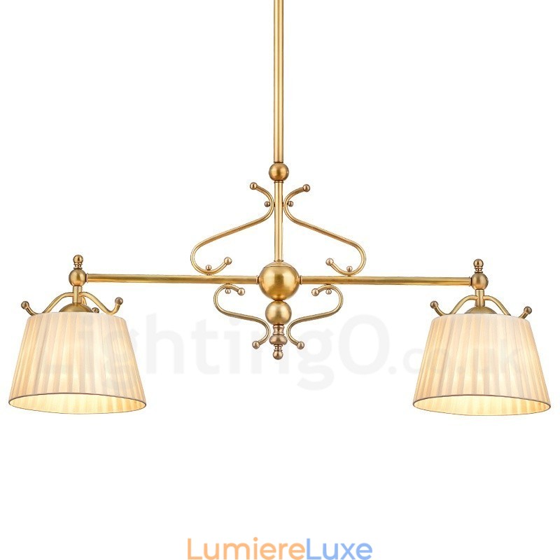 Lustre suspendu de luxe rustique rétro à 2 lumières en laiton avec abat-jour en tissu