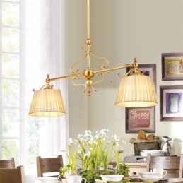 Lustre suspendu de luxe rustique rétro à 2 lumières en laiton avec abat-jour en tissu