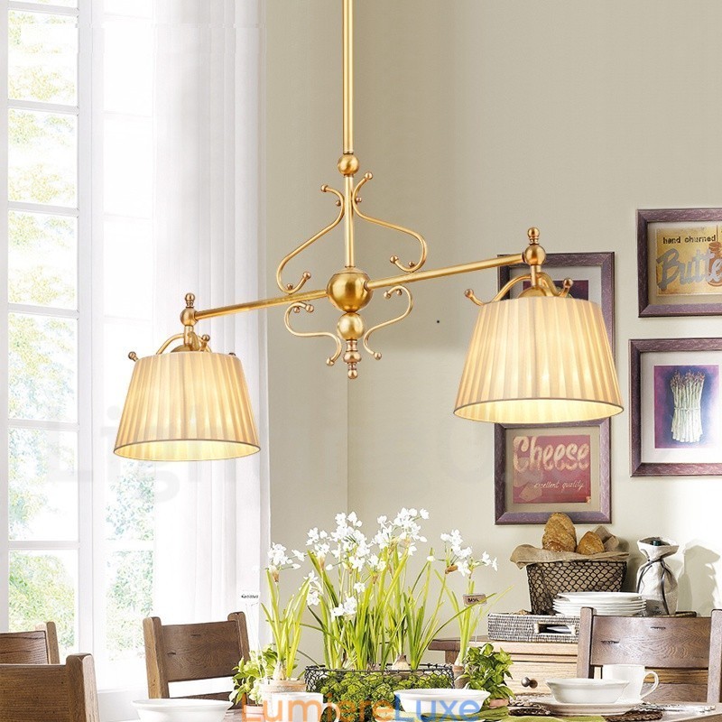 Lustre suspendu de luxe rustique rétro à 2 lumières en laiton avec abat-jour en tissu