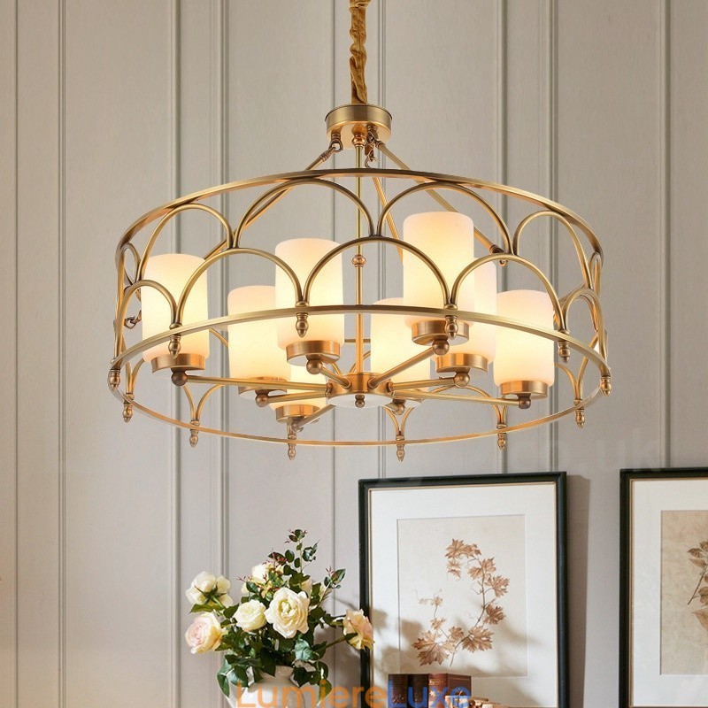 Lustre suspendu de luxe rustique rétro à 8 lumières en laiton avec abat-jour en verre