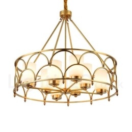 Lustre suspendu de luxe rustique rétro à 8 lumières en laiton avec abat-jour en verre