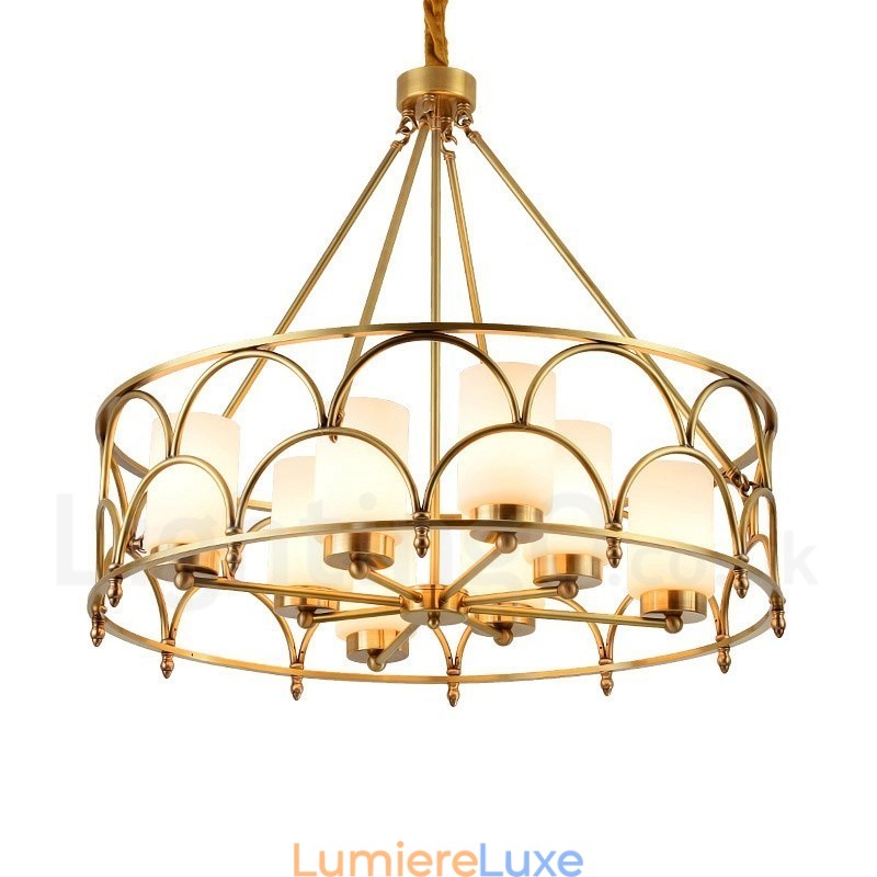 Lustre suspendu de luxe rustique rétro à 8 lumières en laiton avec abat-jour en verre