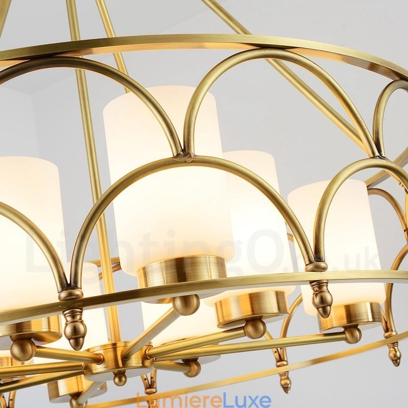 Lustre suspendu de luxe rustique rétro à 8 lumières en laiton avec abat-jour en verre