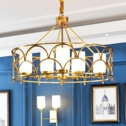 Lustre suspendu de luxe rustique rétro à 8 lumières en laiton avec abat-jour en verre