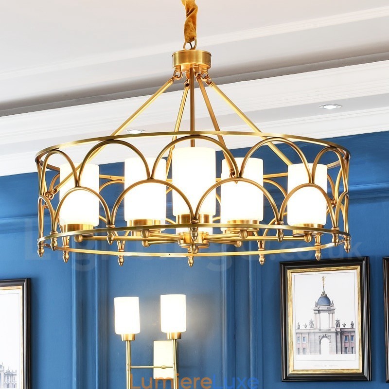 Lustre suspendu de luxe rustique rétro à 8 lumières en laiton avec abat-jour en verre
