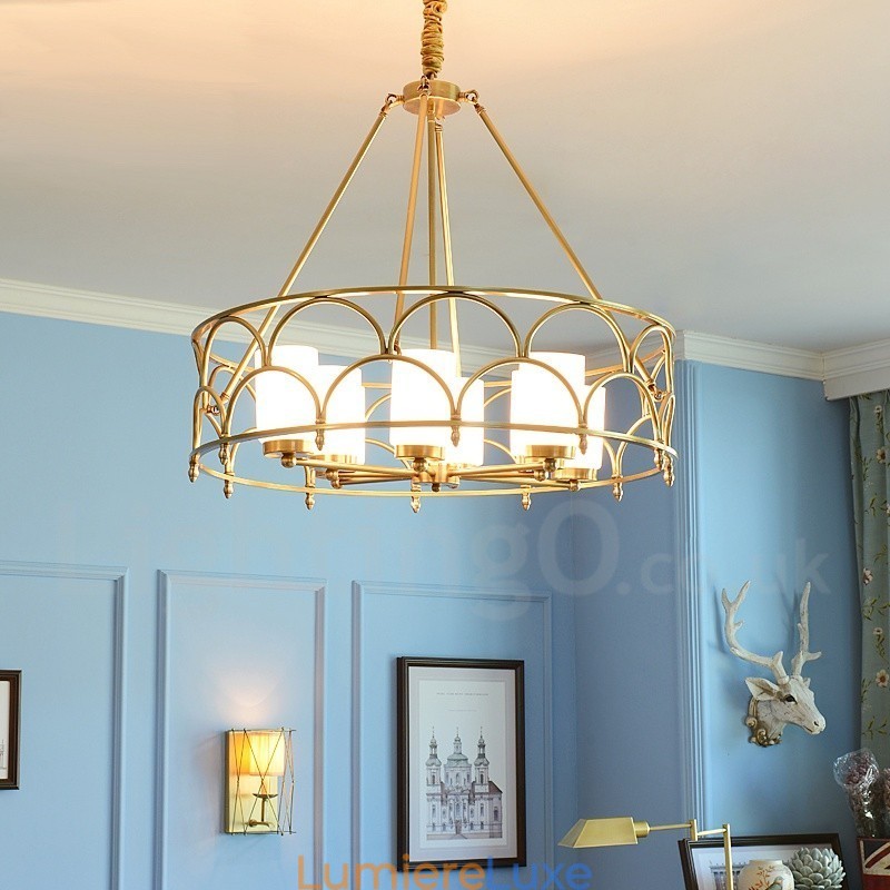 Lustre suspendu de luxe rustique rétro à 8 lumières en laiton avec abat-jour en verre