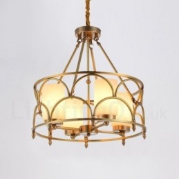 Lustre suspendu de luxe rustique rétro à 4 lumières en laiton avec abat-jour en verre