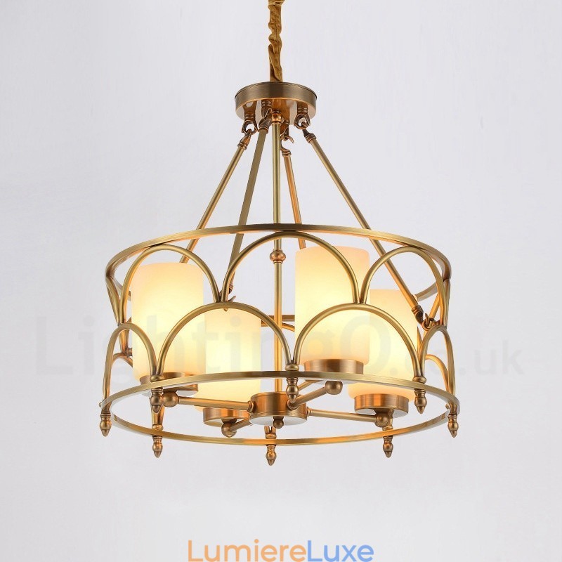 Lustre suspendu de luxe rustique rétro à 4 lumières en laiton avec abat-jour en verre