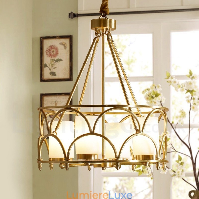Lustre suspendu de luxe rustique rétro à 4 lumières en laiton avec abat-jour en verre