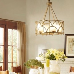 Lustre suspendu de luxe rustique rétro à 4 lumières en laiton avec abat-jour en verre