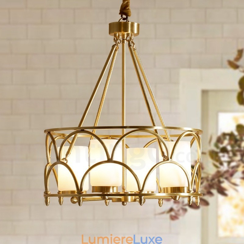 Lustre suspendu de luxe rustique rétro à 4 lumières en laiton avec abat-jour en verre