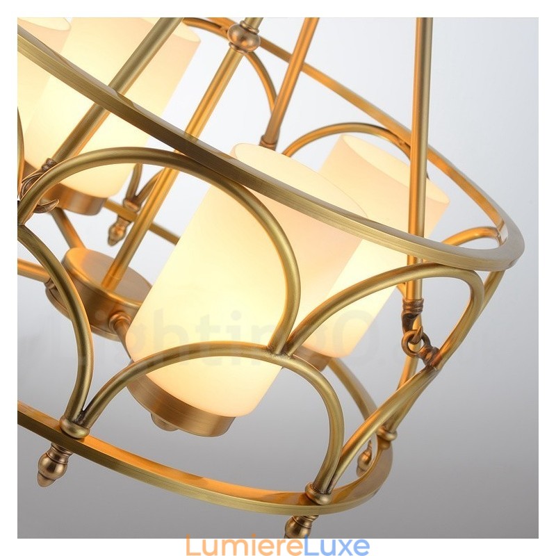 Lustre suspendu de luxe rustique rétro à 4 lumières en laiton avec abat-jour en verre