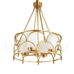 Lustre suspendu de luxe rustique rétro à 4 lumières en laiton avec abat-jour en verre
