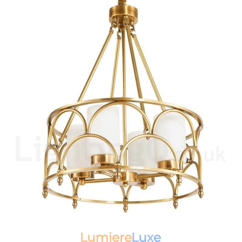 Lustre suspendu de luxe rustique rétro à 4 lumières en laiton avec abat-jour en verre