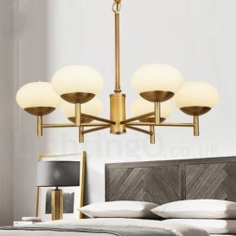 Lustre suspendu de luxe rustique rétro à 6 lumières en laiton avec abat-jour en verre