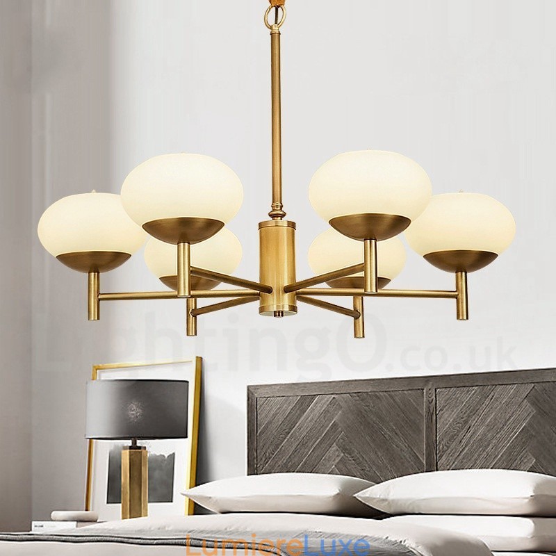 Lustre suspendu de luxe rustique rétro à 6 lumières en laiton avec abat-jour en verre