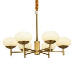 Lustre suspendu de luxe rustique rétro à 6 lumières en laiton avec abat-jour en verre