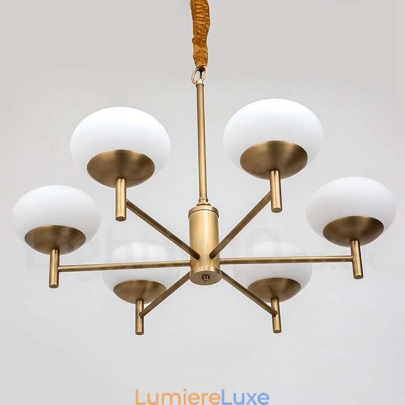 Lustre suspendu de luxe rustique rétro à 6 lumières en laiton avec abat-jour en verre