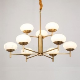 Lustre suspendu de luxe rustique rétro à 9 lumières en laiton avec abat-jour en verre