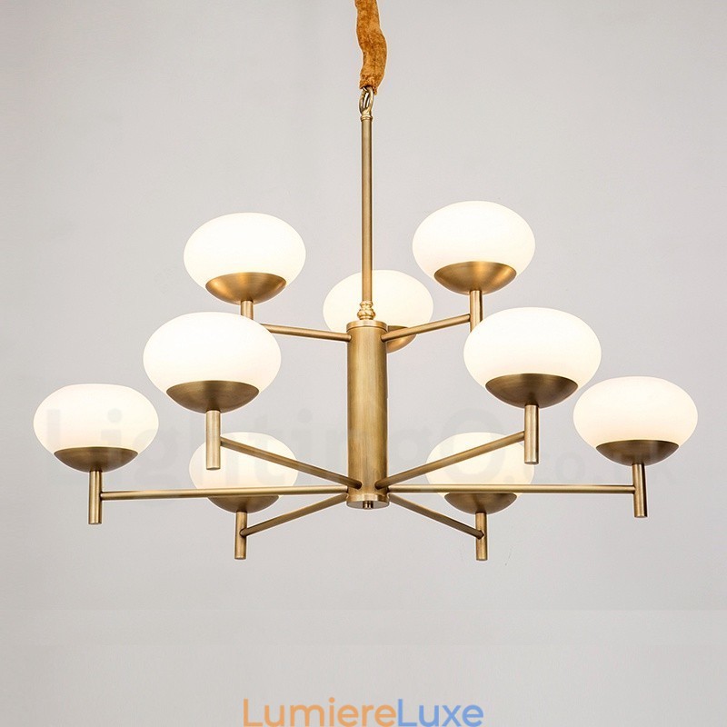 Lustre suspendu de luxe rustique rétro à 9 lumières en laiton avec abat-jour en verre