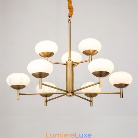 Lustre suspendu de luxe rustique rétro à 9 lumières en laiton avec abat-jour en verre Lustre suspendu de luxe rustique rétro à 9 lumières en laiton avec abat-jour en verre