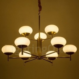 Lustre suspendu de luxe rustique rétro à 9 lumières en laiton avec abat-jour en verre
