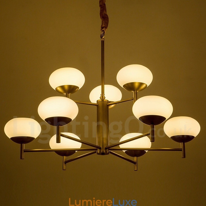 Lustre suspendu de luxe rustique rétro à 9 lumières en laiton avec abat-jour en verre