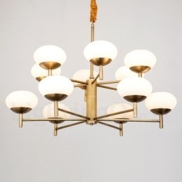 Lustre suspendu de luxe rustique rétro à 12 lumières en laiton avec abat-jour en verre