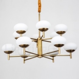 Lustre suspendu de luxe rustique rétro à 12 lumières en laiton avec abat-jour en verre