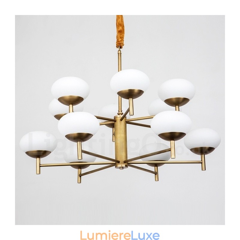 Lustre suspendu de luxe rustique rétro à 12 lumières en laiton avec abat-jour en verre