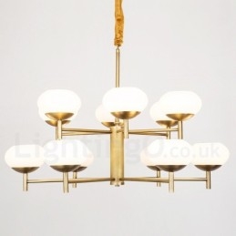 Lustre suspendu de luxe rustique rétro à 12 lumières en laiton avec abat-jour en verre