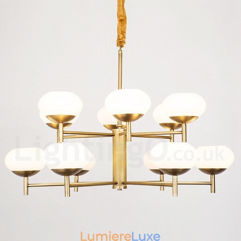Lustre suspendu de luxe rustique rétro à 12 lumières en laiton avec abat-jour en verre