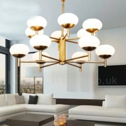 Lustre suspendu de luxe rustique rétro à 12 lumières en laiton avec abat-jour en verre