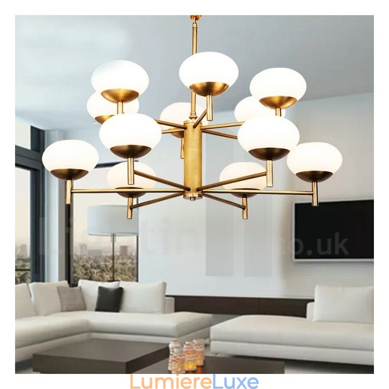 Lustre suspendu de luxe rustique rétro à 12 lumières en laiton avec abat-jour en verre