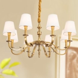 Lustre suspendu de luxe rustique rétro à 8 lumières en laiton avec abat-jour en tissu